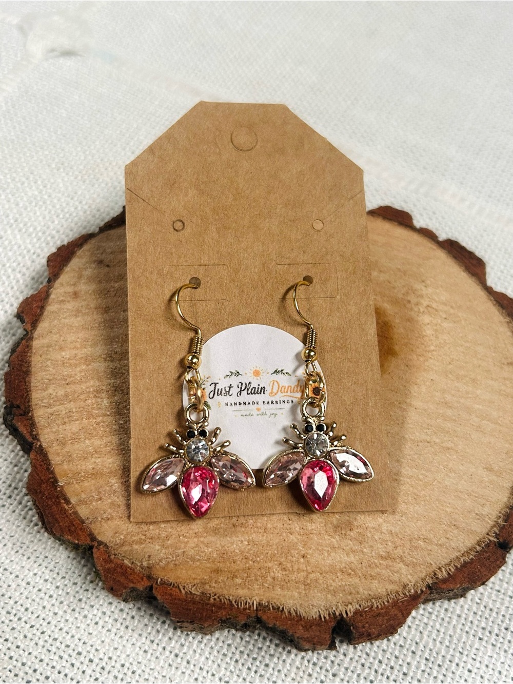 Pink Crystal Bee Dangle Earrings Gold Rhinestone Insect Cute Sparkly Jewelry